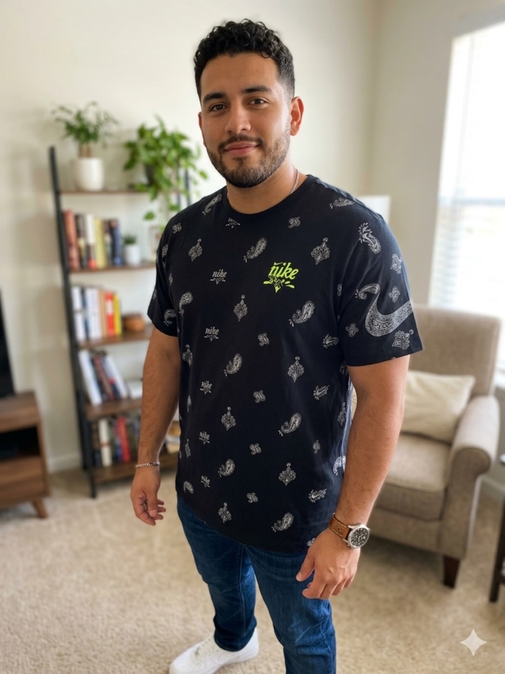 NIKE Black Paisley Graphic Tee with Neon Yellow Logo. Size L